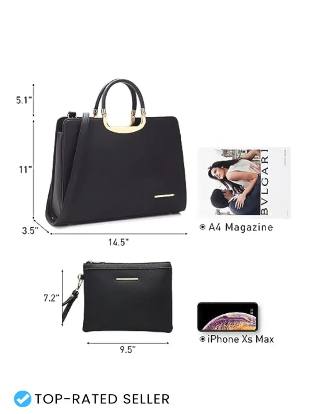 Faux Leather Top Handle Satchel Bag with Matching Wristlet, Work Tote Purse